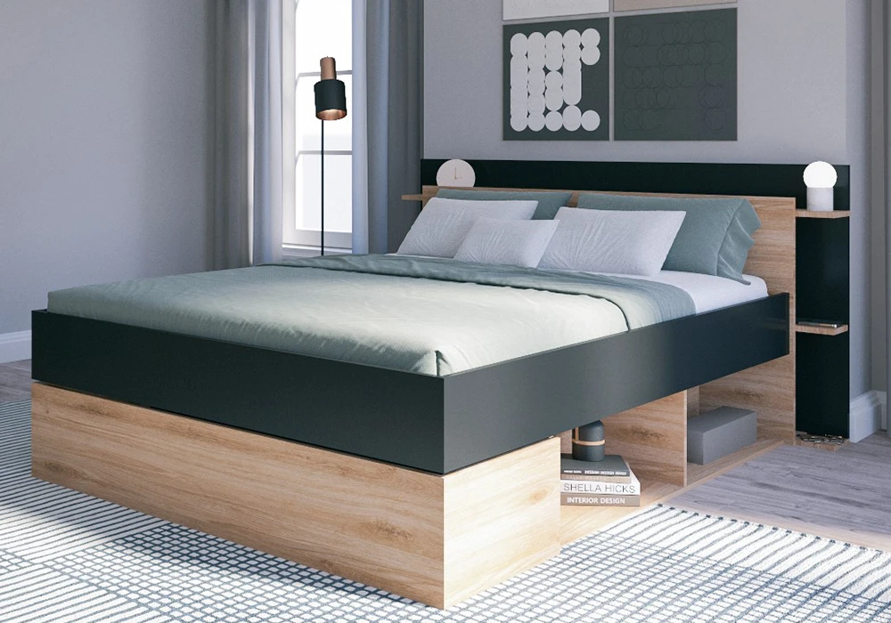 Lit 160x200cm Chêne/Noir avec 4 Tiroirs (Collection Albo)